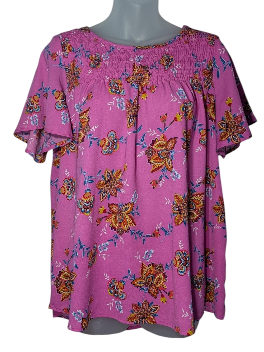 ODDY Oversized Medium Pink Floral Smocked Yoke Flutter Sleeve Blouse Barbiecore